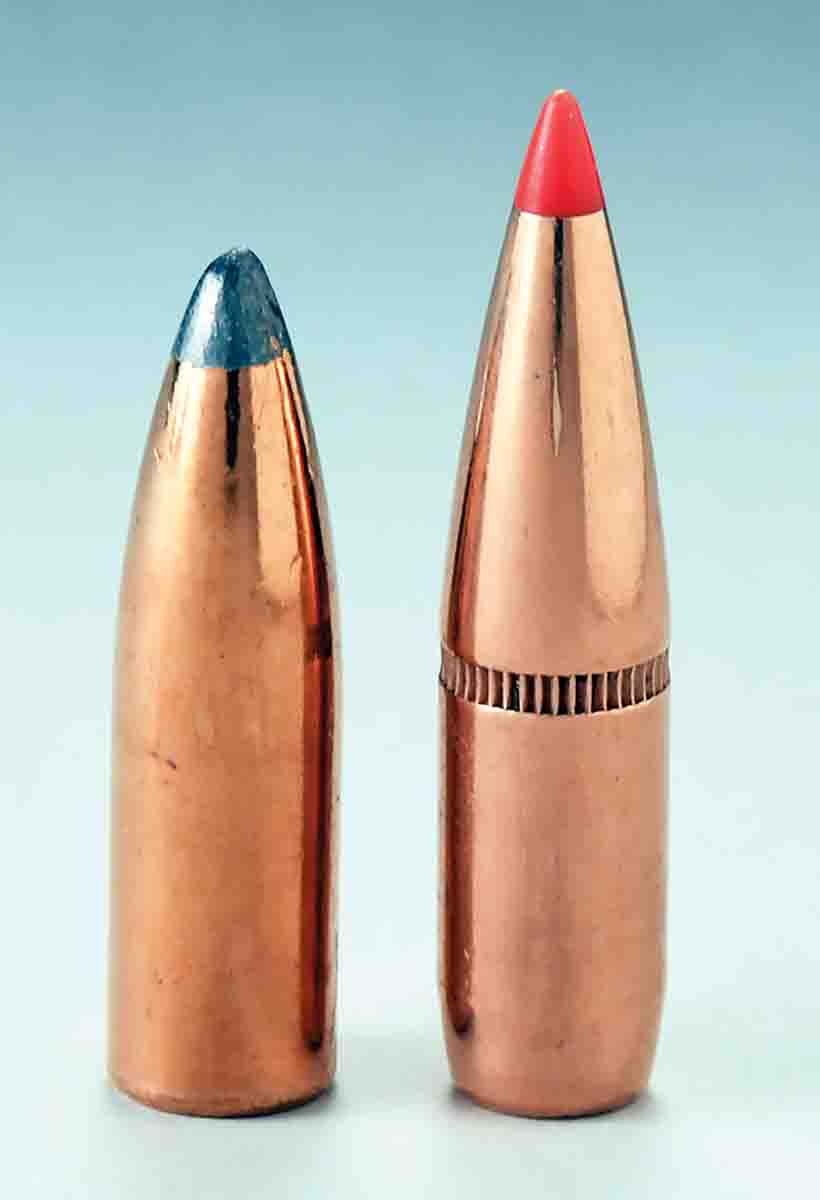 A Speer 130-grain flatbase spitzer (left) is shown alongside a Hornady 130-grain SST. These drastically different-shaped bullets were used in the optimum drag function chart.